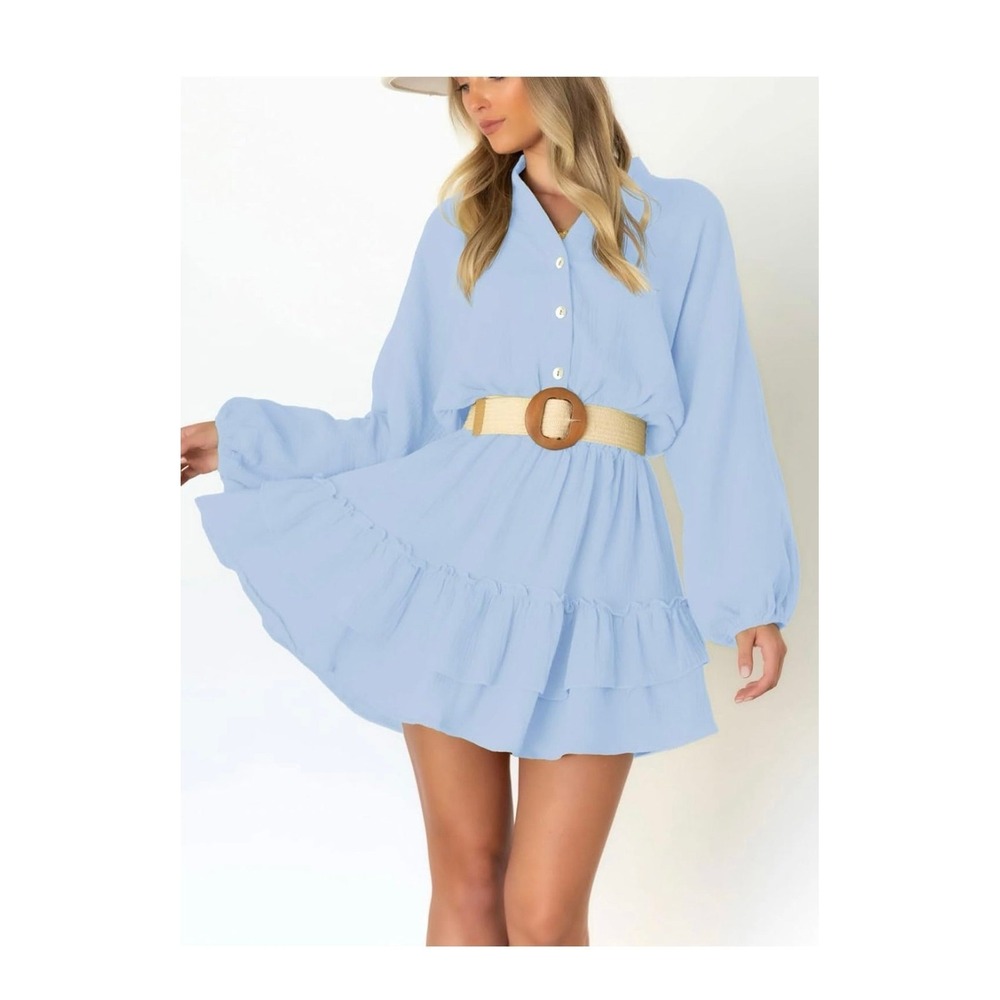 Women's Dress V Neck Long Lantern Sleeve Ruffle Tiered Solid Swing Mini Dress XL